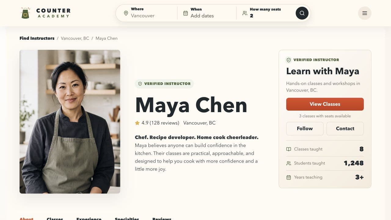 Counter Academy public instructor profile for Maya Chen